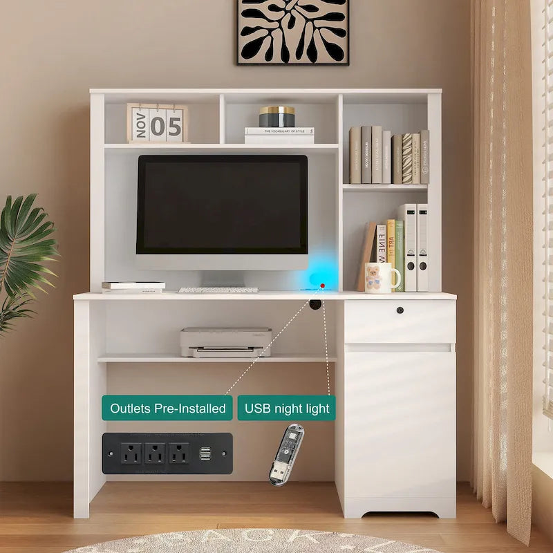 Modern Computer Office Desk with Charging Ports and Lockable for Home Office or Workspaces