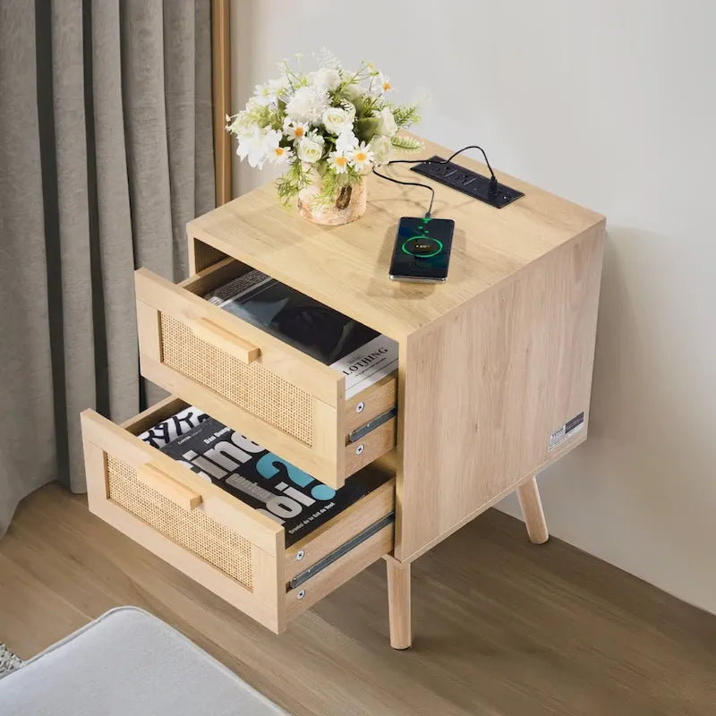 Wooden Nightstand Side Table with 2 Rattan Decorated and Ports