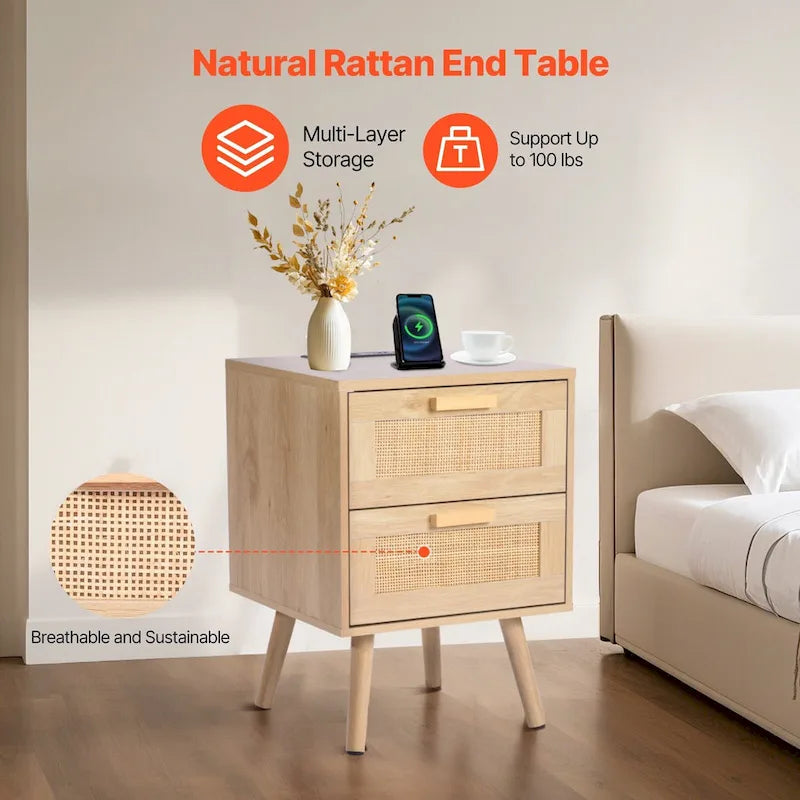 Wooden Nightstand Side Table with 2 Rattan Decorated and Ports