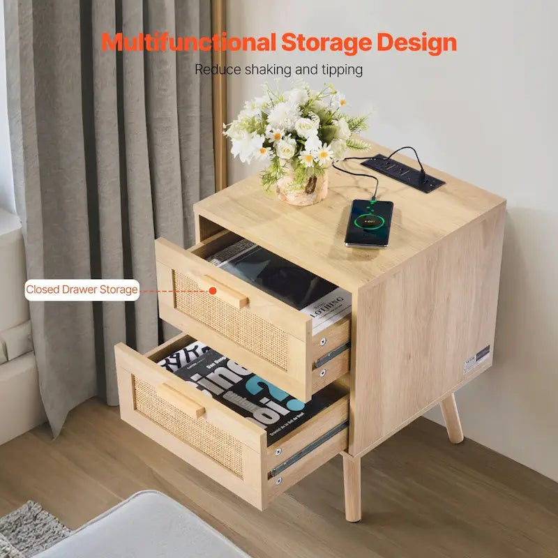 Wooden Nightstand Side Table with 2 Rattan Decorated and Ports