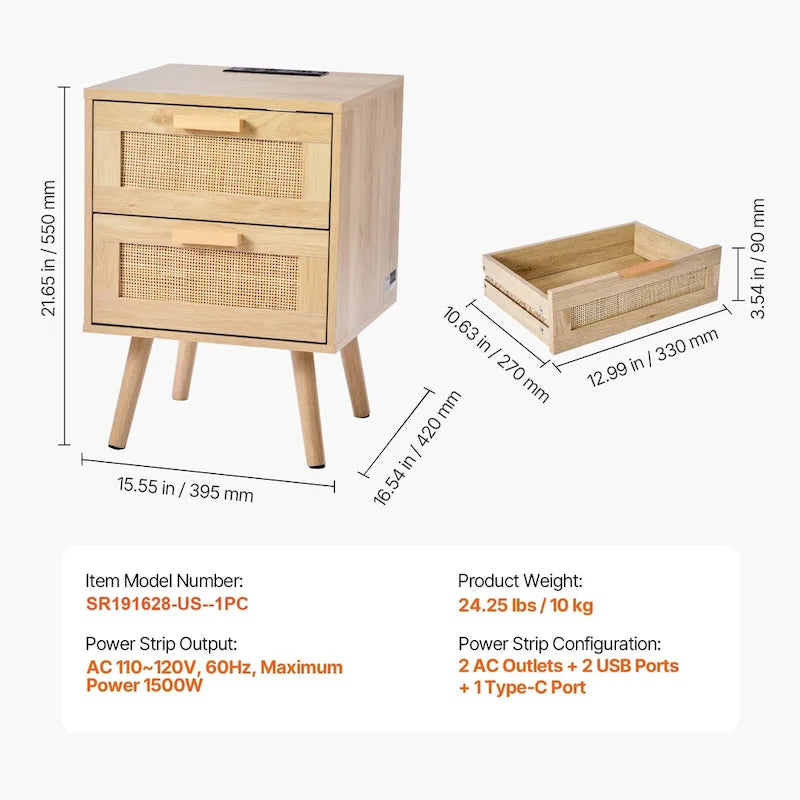 Wooden Nightstand Side Table with 2 Rattan Decorated and Ports