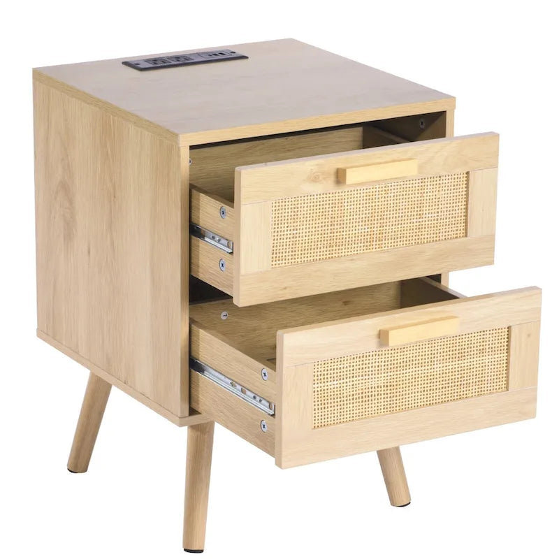 Wooden Nightstand Side Table with 2 Rattan Decorated and Ports