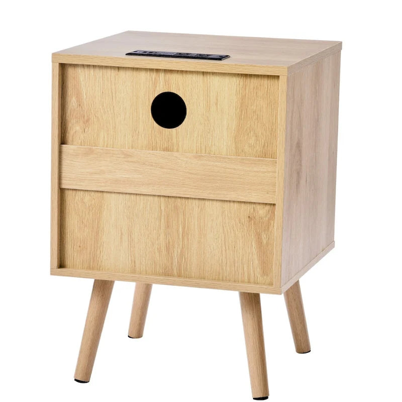 Wooden Nightstand Side Table with 2 Rattan Decorated and Ports