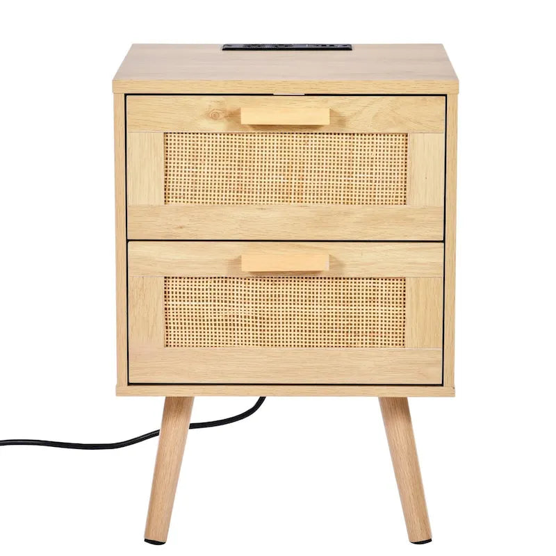 Wooden Nightstand Side Table with 2 Rattan Decorated and Ports