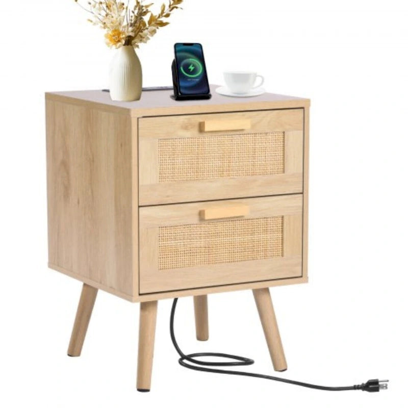 Wooden Nightstand Side Table with 2 Rattan Decorated and Ports