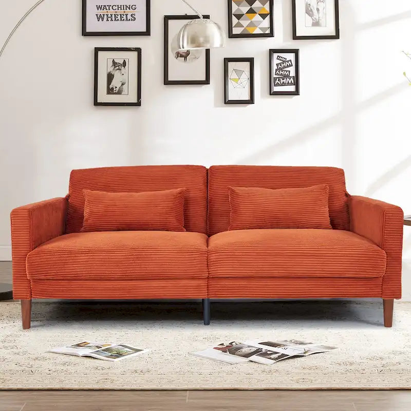 Retro comfortabele 74 inch rechthoekige loveseat voor 2 personen van ribfluweel met hout en 2 kussens, keuze uit 4 kleuren