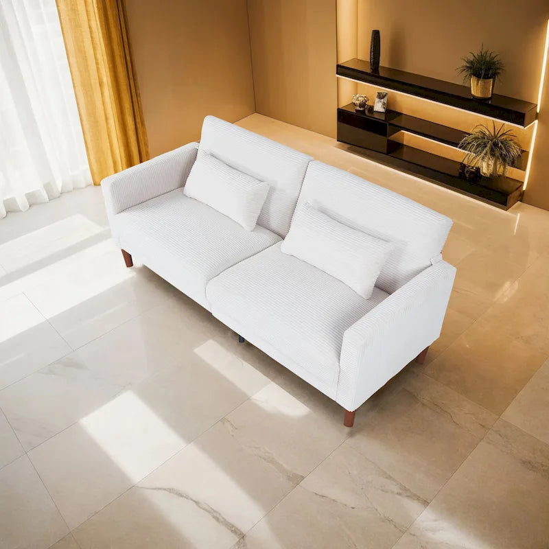 Retro comfortabele 74 inch rechthoekige loveseat voor 2 personen van ribfluweel met hout en 2 kussens, keuze uit 4 kleuren