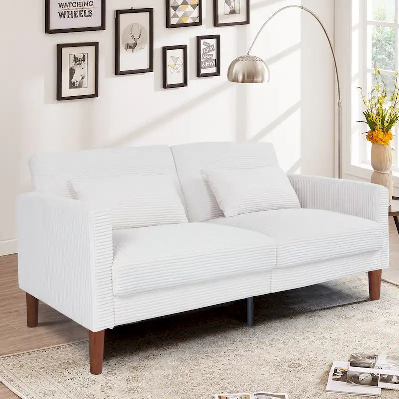 Retro comfortabele 74 inch rechthoekige loveseat voor 2 personen van ribfluweel met hout en 2 kussens, keuze uit 4 kleuren