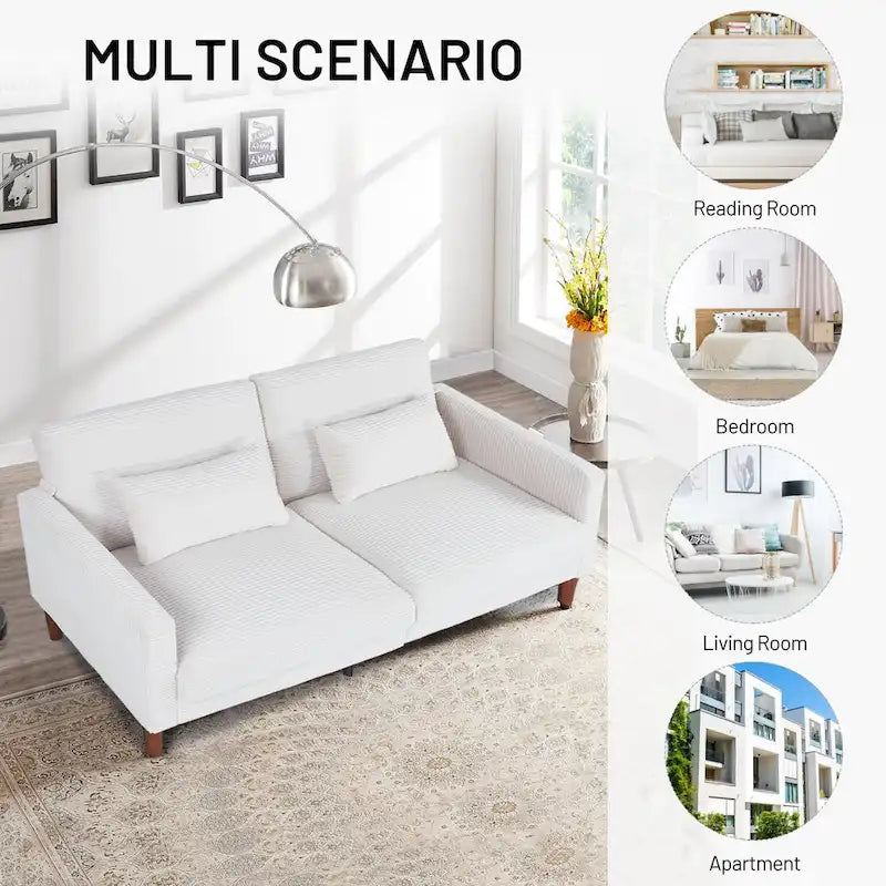 Retro comfortabele 74 inch rechthoekige loveseat voor 2 personen van ribfluweel met hout en 2 kussens, keuze uit 4 kleuren
