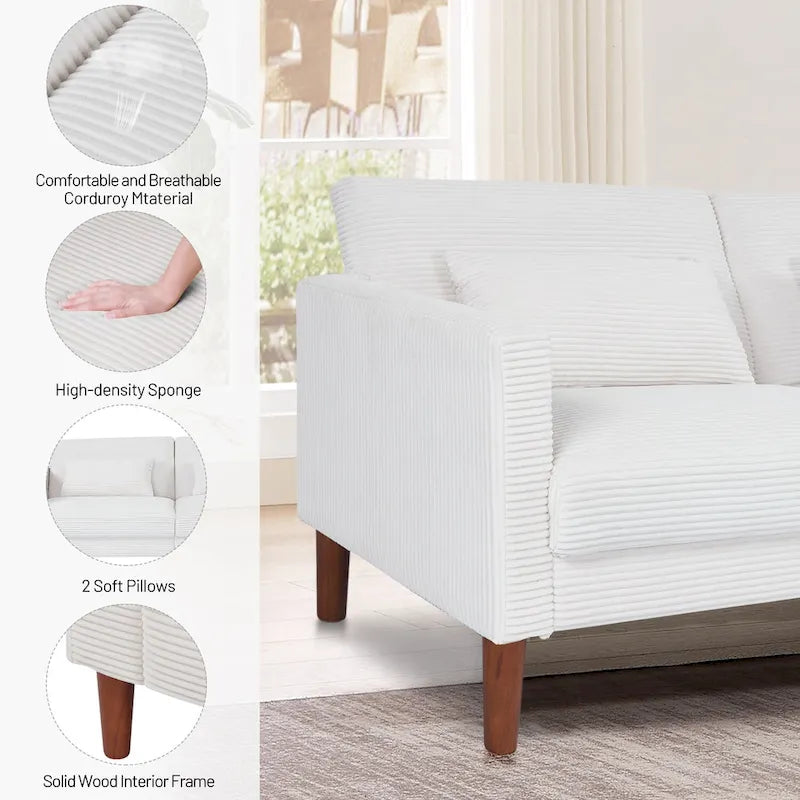 Retro comfortabele 74 inch rechthoekige loveseat voor 2 personen van ribfluweel met hout en 2 kussens, keuze uit 4 kleuren
