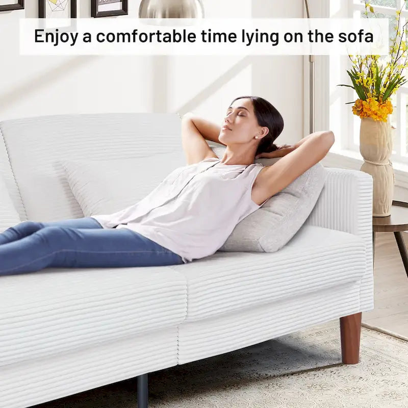 Retro comfortabele 74 inch rechthoekige loveseat voor 2 personen van ribfluweel met hout en 2 kussens, keuze uit 4 kleuren