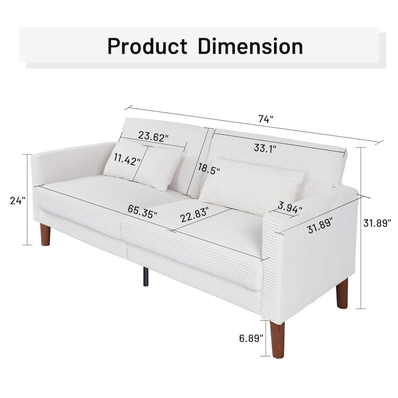 Retro comfortabele 74 inch rechthoekige loveseat voor 2 personen van ribfluweel met hout en 2 kussens, keuze uit 4 kleuren