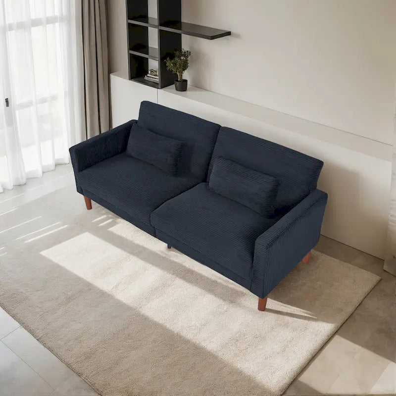 Retro comfortabele 74 inch rechthoekige loveseat voor 2 personen van ribfluweel met hout en 2 kussens, keuze uit 4 kleuren