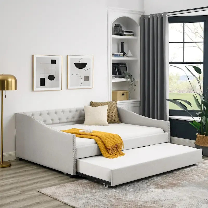 Upholstered Daybed Frame with Trundle & Tufted Backrest