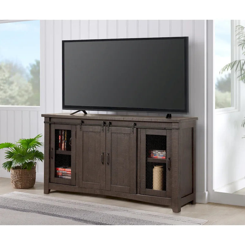 65-Zoll-Fernseherständer aus Holz mit Scheunentor - 35 Zoll hoch x 65 Zoll breit x 19 Zoll tief