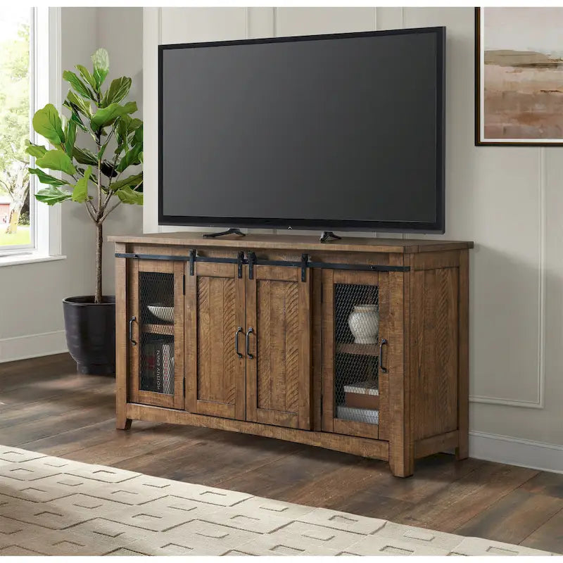 65-Zoll-Fernseherständer aus Holz mit Scheunentor - 35 Zoll hoch x 65 Zoll breit x 19 Zoll tief