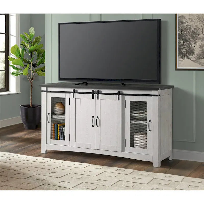 65-Zoll-Fernseherständer aus Holz mit Scheunentor - 35 Zoll hoch x 65 Zoll breit x 19 Zoll tief