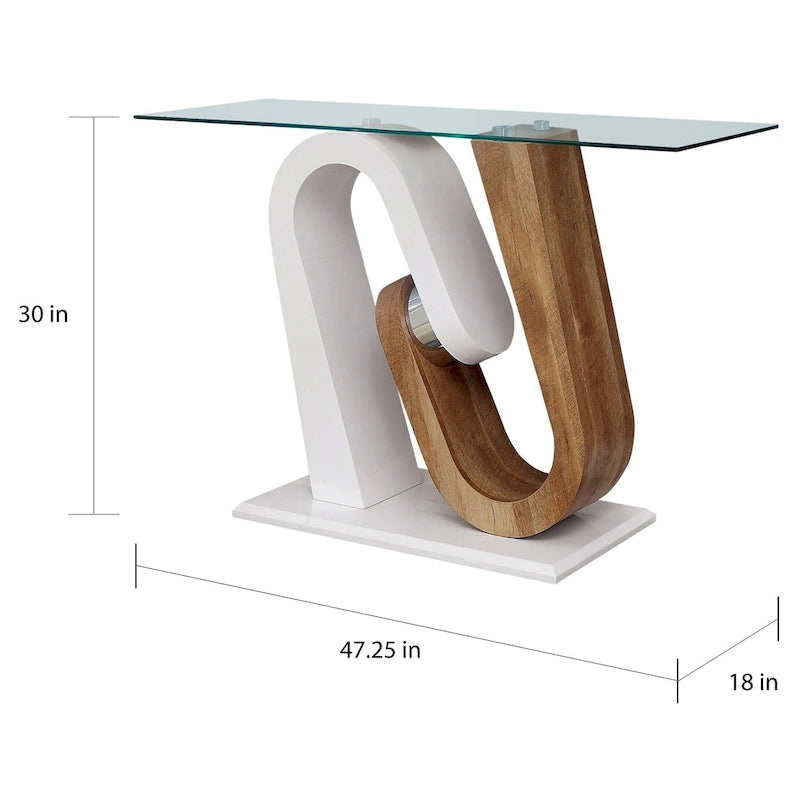 Zeitgemäßer weißer Sofatisch mit geometrischem Gestell und 47-Zoll-Glasplatte