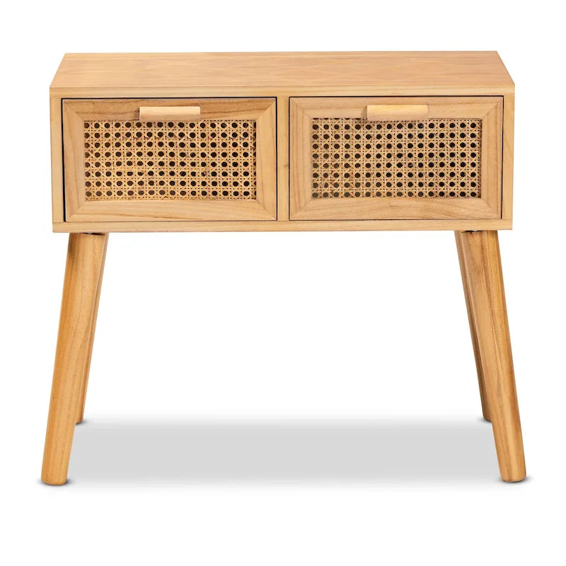 2-Schubladen-Holztisch mit Rattan-Eiche