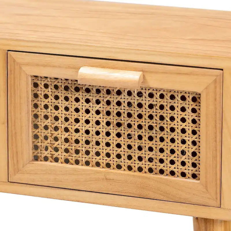 2-Schubladen-Holztisch mit Rattan-Eiche