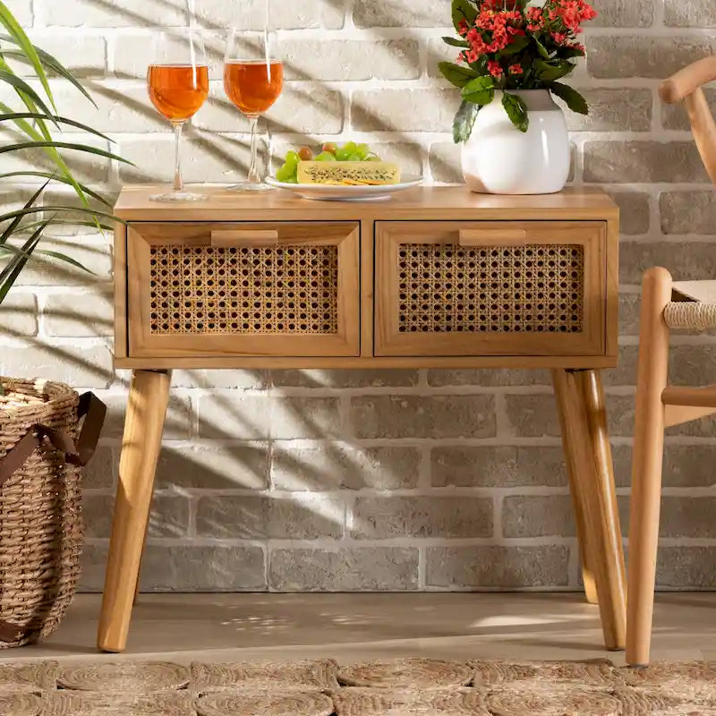 2-Schubladen-Holztisch mit Rattan-Eiche