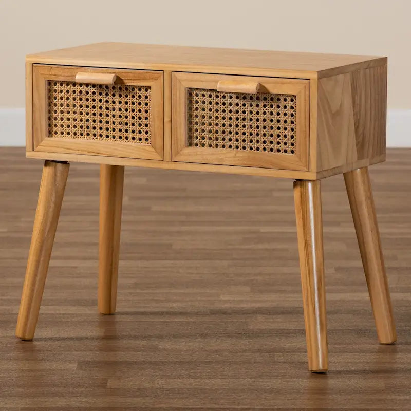 2-Schubladen-Holztisch mit Rattan-Eiche