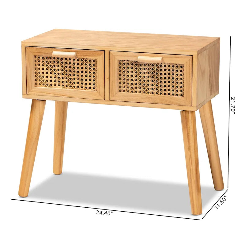 2-Schubladen-Holztisch mit Rattan-Eiche