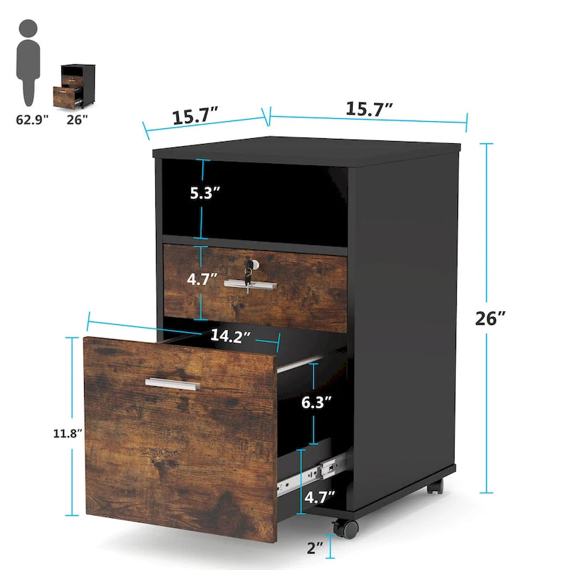 Caisson mobile pour dossiers avec 2 tiroirs et serrure, support d’imprimante à roulettes