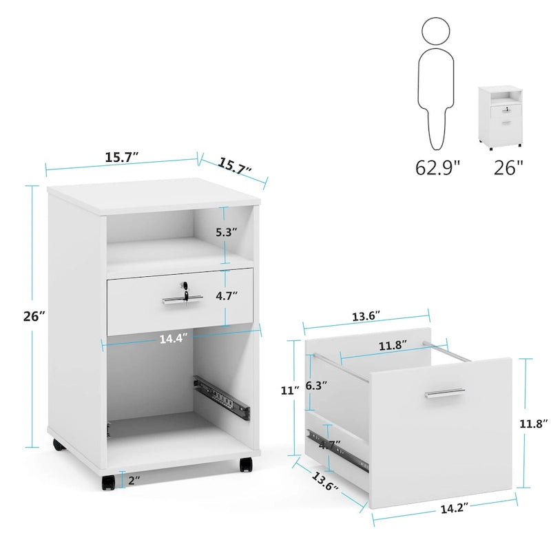 Caisson mobile pour dossiers avec 2 tiroirs et serrure, support d’imprimante à roulettes