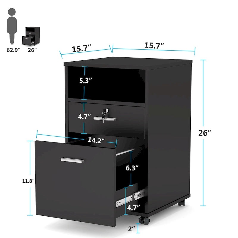 Caisson mobile pour dossiers avec 2 tiroirs et serrure, support d’imprimante à roulettes
