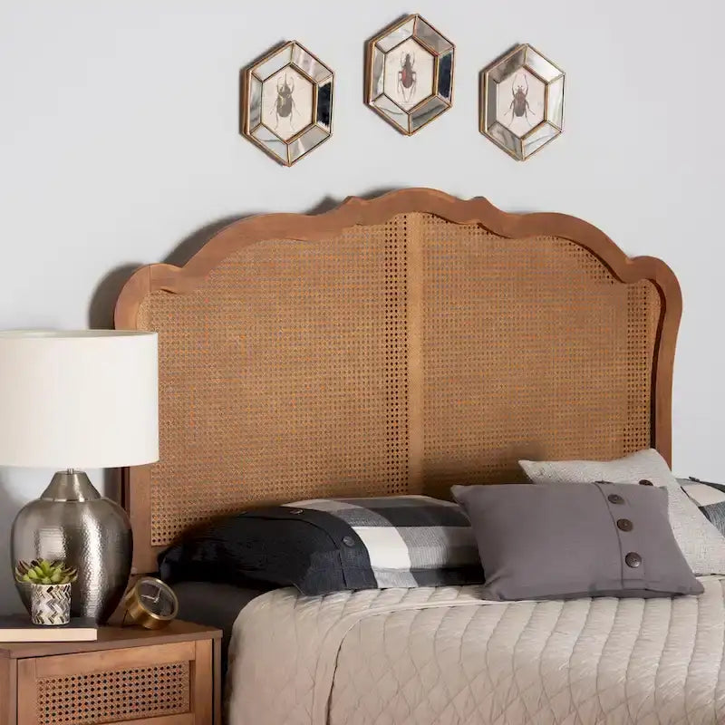 Leandra Classic and Traditional Ash Walnut Finished Wood Headboard with Rattan