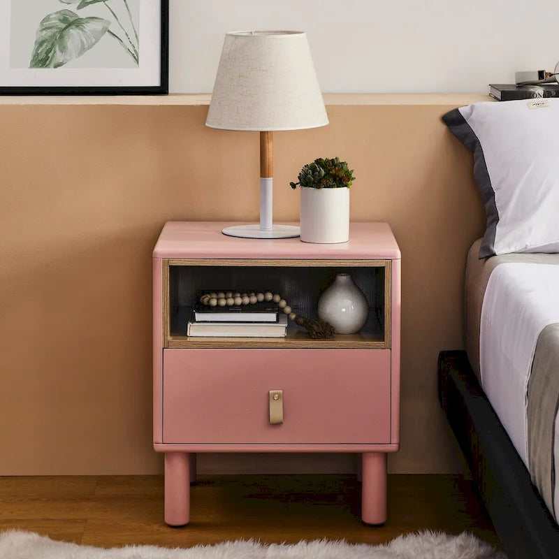 Comodino moderno in legno con 1 cassetto, tavolino laterale con ripiano e maniglie in pelle, comodino nordico