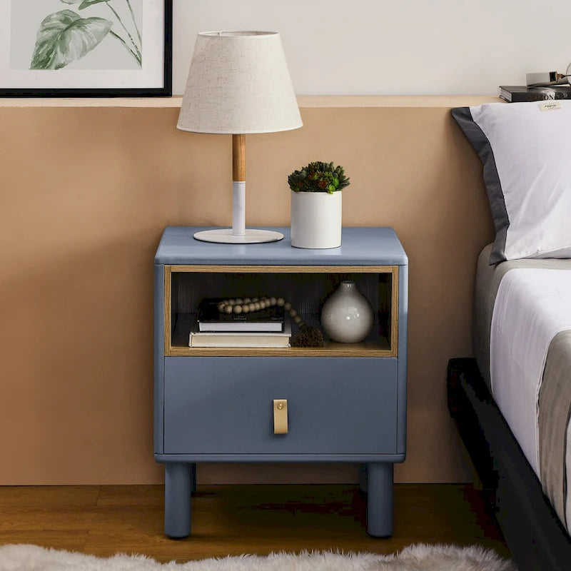 Comodino moderno in legno con 1 cassetto, tavolino laterale con ripiano e maniglie in pelle, comodino nordico