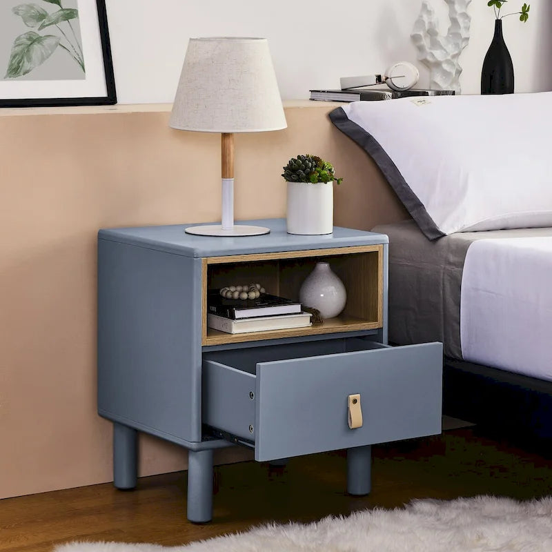 Comodino moderno in legno con 1 cassetto, tavolino laterale con ripiano e maniglie in pelle, comodino nordico