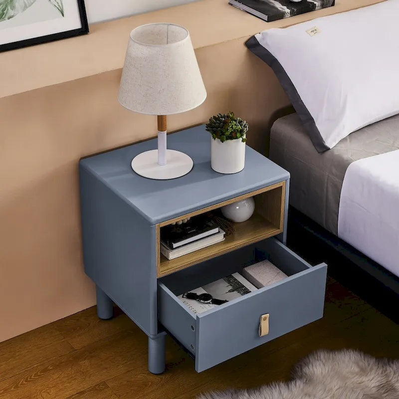 Comodino moderno in legno con 1 cassetto, tavolino laterale con ripiano e maniglie in pelle, comodino nordico