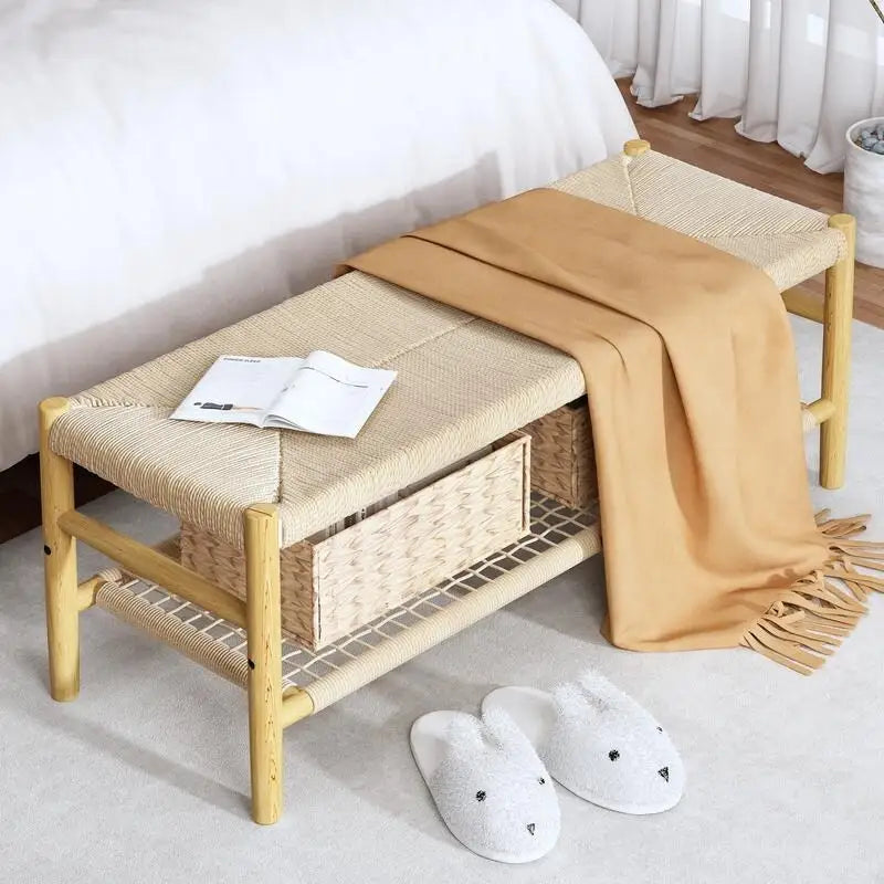 Boho Wood Shoe Bench with Hand Woven Rope Design and Baskets, To Bed Bench