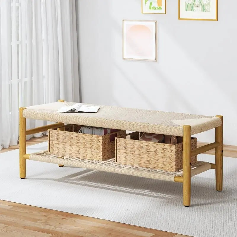 Boho Wood Shoe Bench with Hand Woven Rope Design and Baskets, To Bed Bench