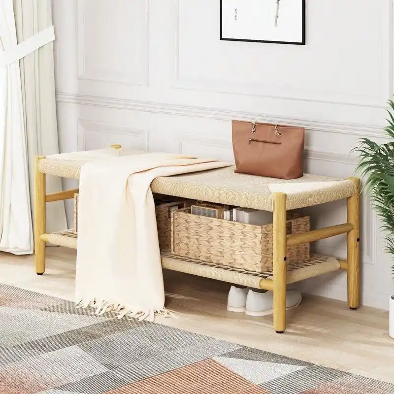 Boho Wood Shoe Bench with Hand Woven Rope Design and Baskets, To Bed Bench