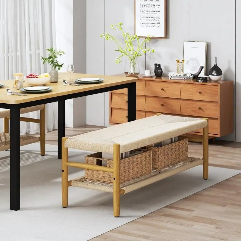 Boho Wood Shoe Bench with Hand Woven Rope Design and Baskets, To Bed Bench