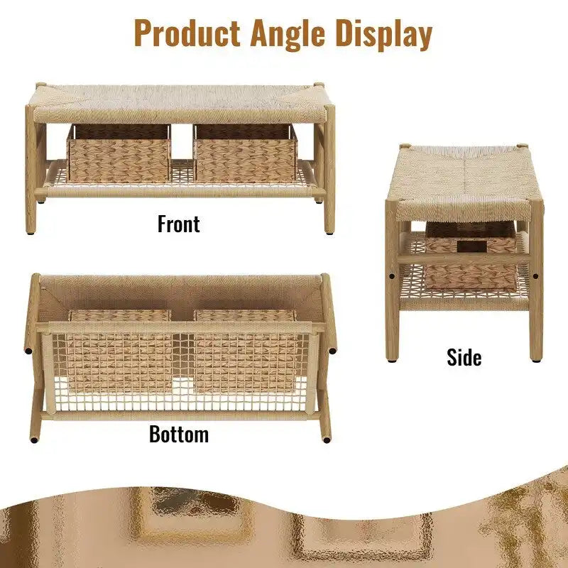 Boho Wood Shoe Bench with Hand Woven Rope Design and Baskets, To Bed Bench