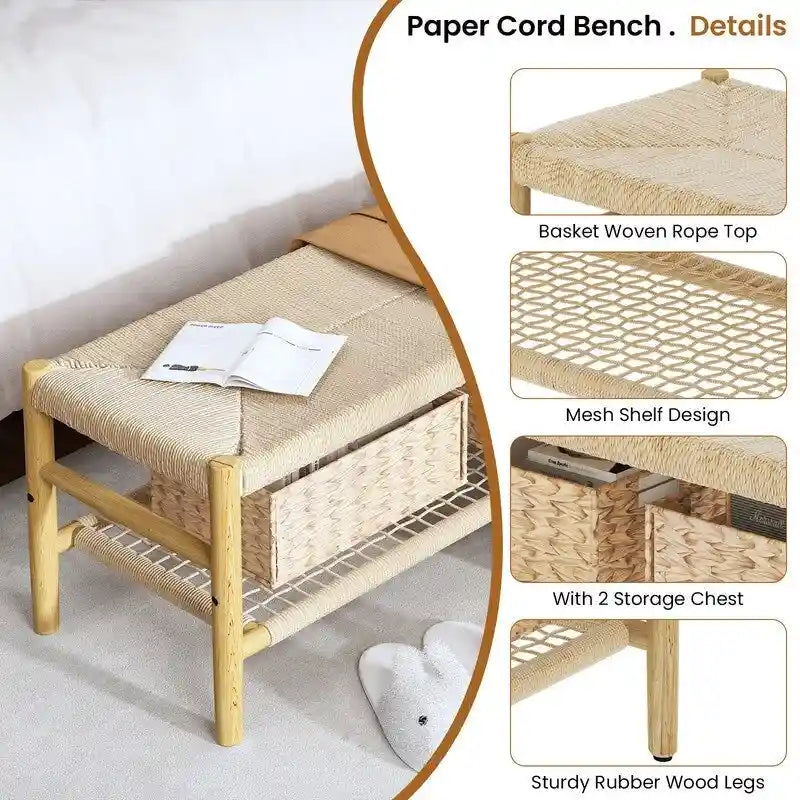 Boho Wood Shoe Bench with Hand Woven Rope Design and Baskets, To Bed Bench