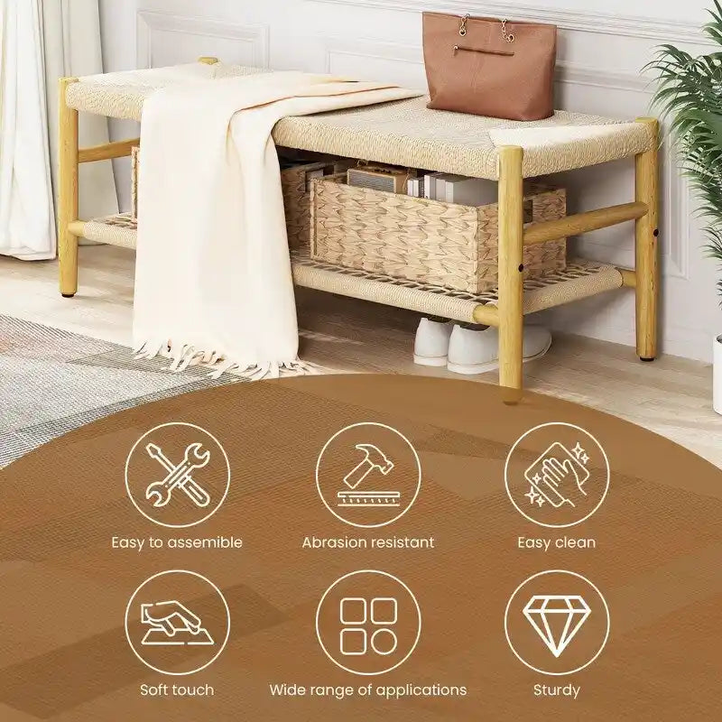Boho Wood Shoe Bench with Hand Woven Rope Design and Baskets, To Bed Bench